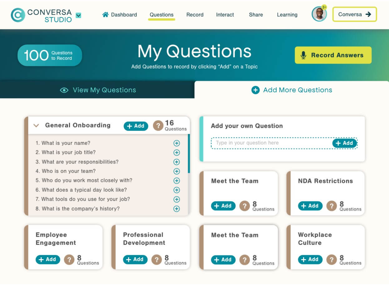 Screenshot of the Conversa Studio My Questions Page, specifically the tab to add more questions